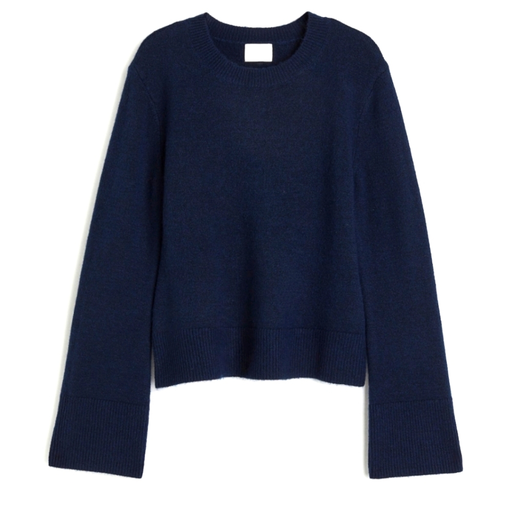 H&M Navy Blue Fine-Knit Sweater, Size US XSmall, Loose Flared Sleeves